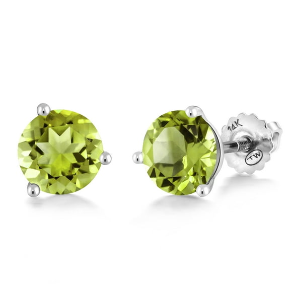 Gem Stone King 14K White Gold Green Peridot Three-Prong Martini Stud Earrings for Women Men | 2.90 Cttw | Gemstone Birthstone | Round 7MM