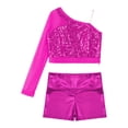 thumbnail image 3 of iiniim Kids Girls Jazz Hip Hop Dance Sequins Mesh Long Sleeve One Shoulder Dance Top with Shorts Hot Pink 12, 3 of 7
