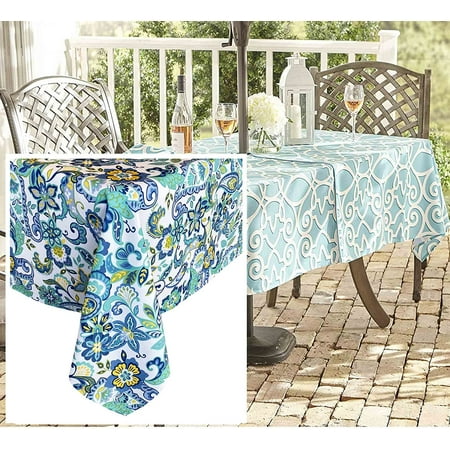 

Newbridge Corfu Mediterranean Blue Paisley Indoor/Outdoor Fabric Tablecloth - Shabby Chic Paisley Floral Stain Water Resistant Tablecloth 60” X 84” Oblong Zippered Patio Umbrella Tablecloth