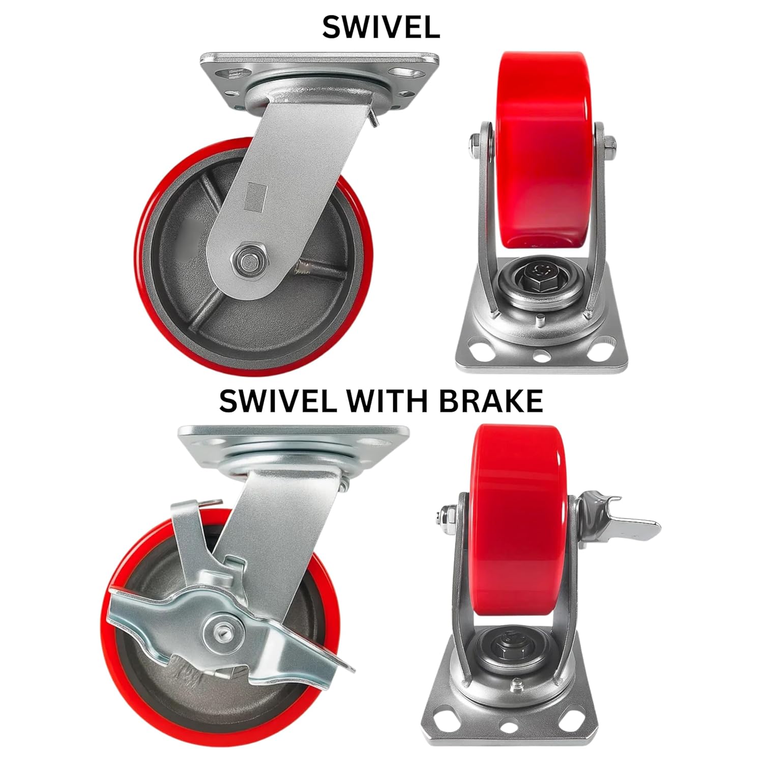 4 Heavy Duty Caster Set 5" Red Polyurethane on Cast Iron Wheels - 2 Swivel + 2 Swivel with Brake