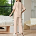 thumbnail image 4 of WTOBBY Women's Loose Fashion Solid Color Split Hem Round Neck Short Sleeve Top and Long Pants Two Piece Casual Summer Set for Women,Beige M, 4 of 6