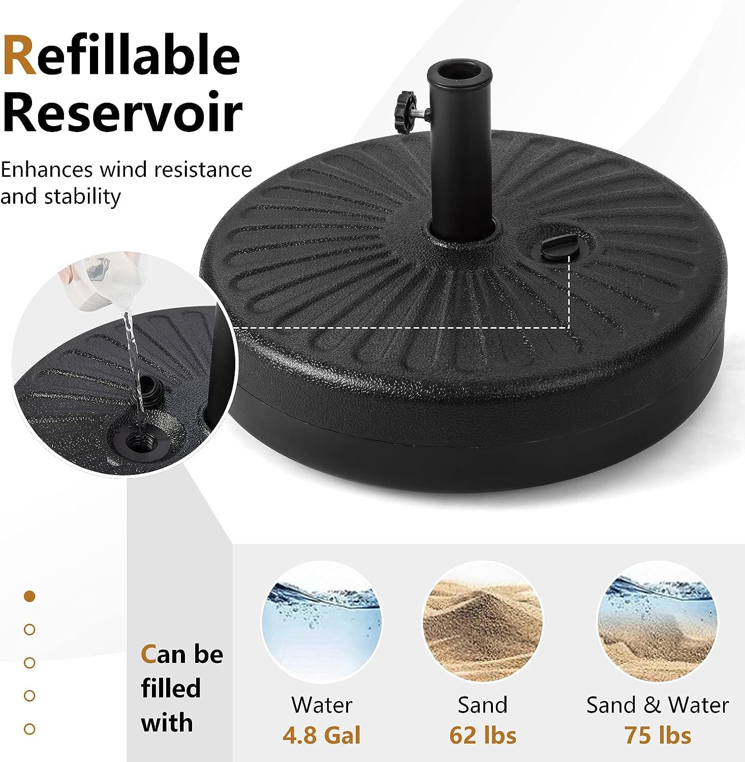 HJTER Fillable Umbrella Base, 75 lbs Water & Sand Filled Heavy Duty 20 Inch Round Patio Outdoor Umbrella Weights, Umbrella Stand for Umbrella Pole 1.5-1.9 inches, for 9-10 ft Market Offset Umbrella