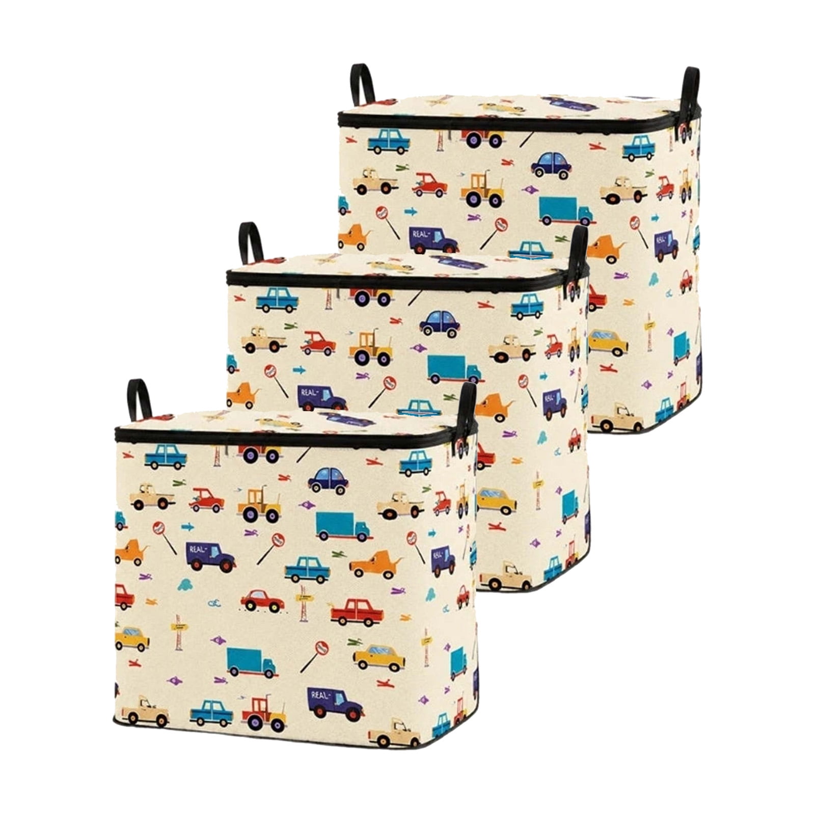 3 Pack Small Foldable Canvas Storage Organizer Boxes with Zippered Lid and Reinforced Handles Car Pattern Storage Bins for Shelves Toys and Compact Spaces 22L Capacity