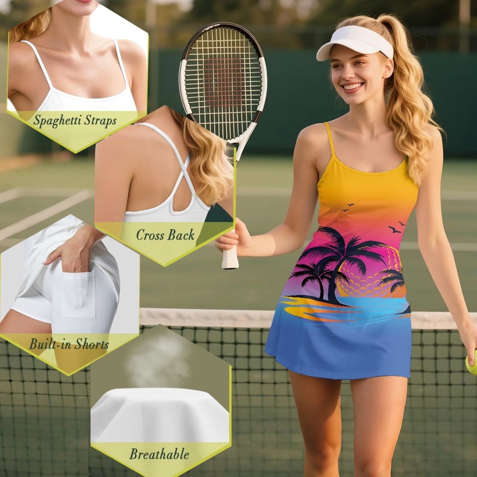 Yuyamidu Coconut Tree Tennis Golf Dresses Built-in Shorts for Women Size S, Golf Ball Backless Active Dress Slim Fit Cross Open Back Athletic Dress