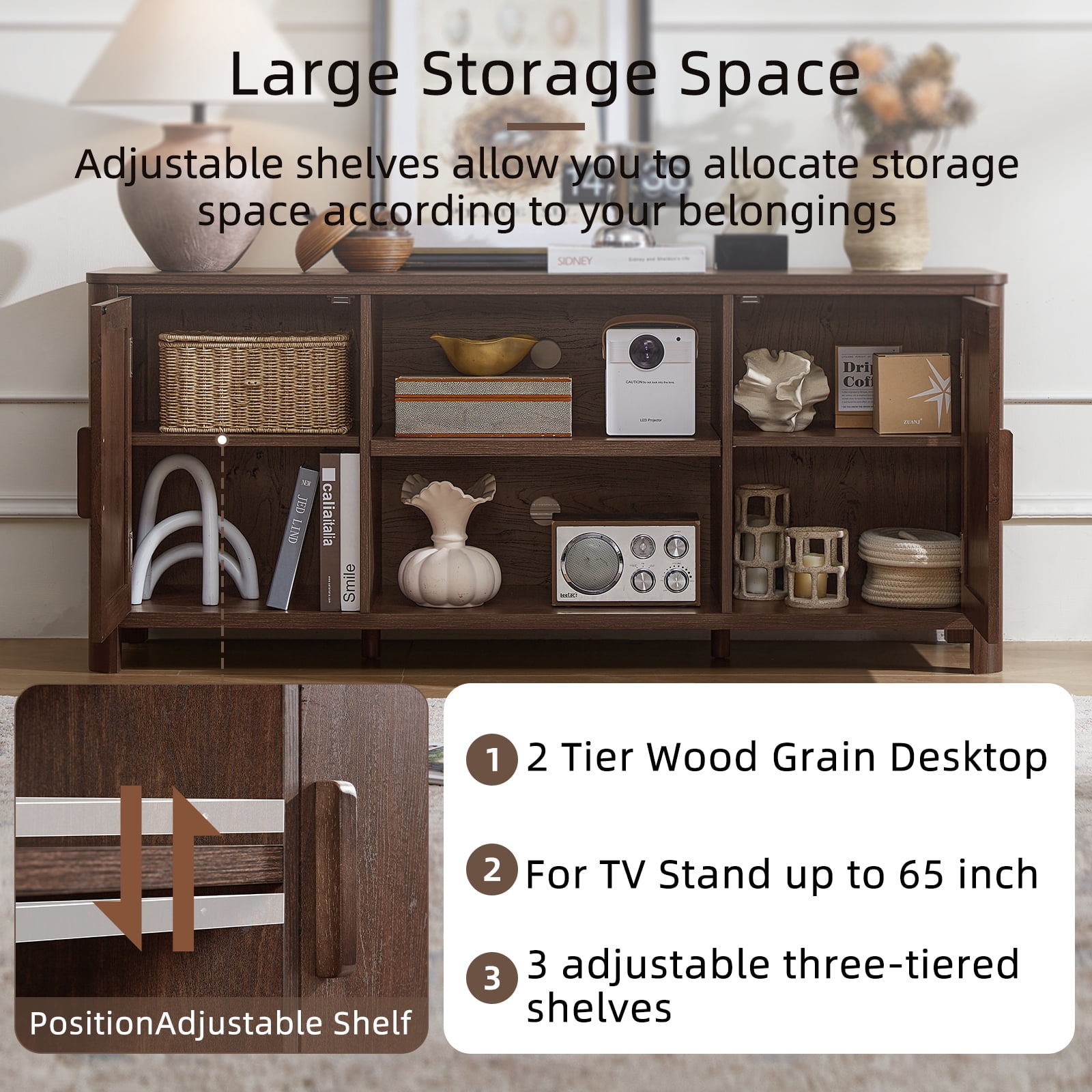 Joaxswe Modern Farmhouse with 2 Doors TV Stand, up to 65 inches, Rustic TV Stands for Bedroom, Walnut Wood Grain Finish