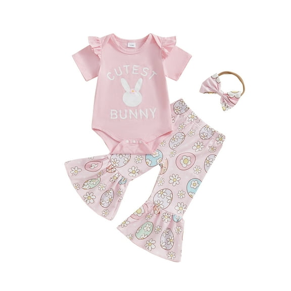 Baby Toddler Girl Easter Outfits 3 6 12 18 Months Letter Rabbit Print Short Sleeve Romper Flare Pants Headband 3Pcs Clothes Set