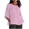 thumbnail image 2 of Women's Round Neck Batwing Sleeve Blouse, Solid Color Loose Casual Cotton Linen Top, Half Sleeve Casual Shirt for Daily Office Summer Wear 12-Pink S, 2 of 3