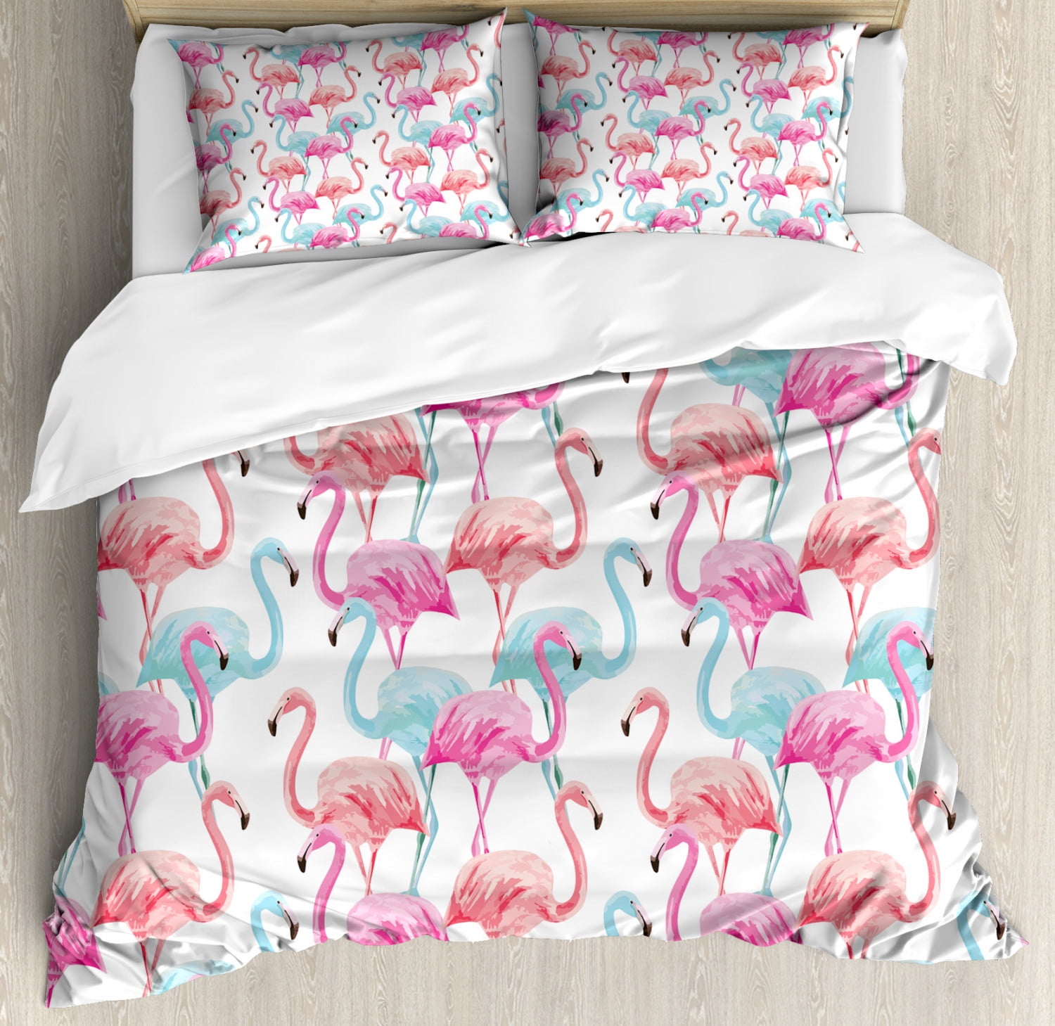 Watercolor Duvet Cover Set Flamingos In Many Colors Hand Drawn