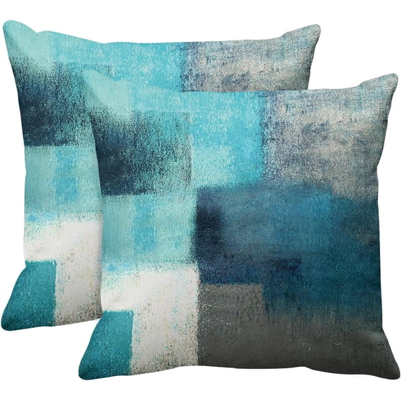Set of 2 Teal Throw Pillow Covers Modern Abstract Painting Turquoise White and Gray Decorative Pillow Cases Home Decor Standard Square 18x18 Inches Pillowcases