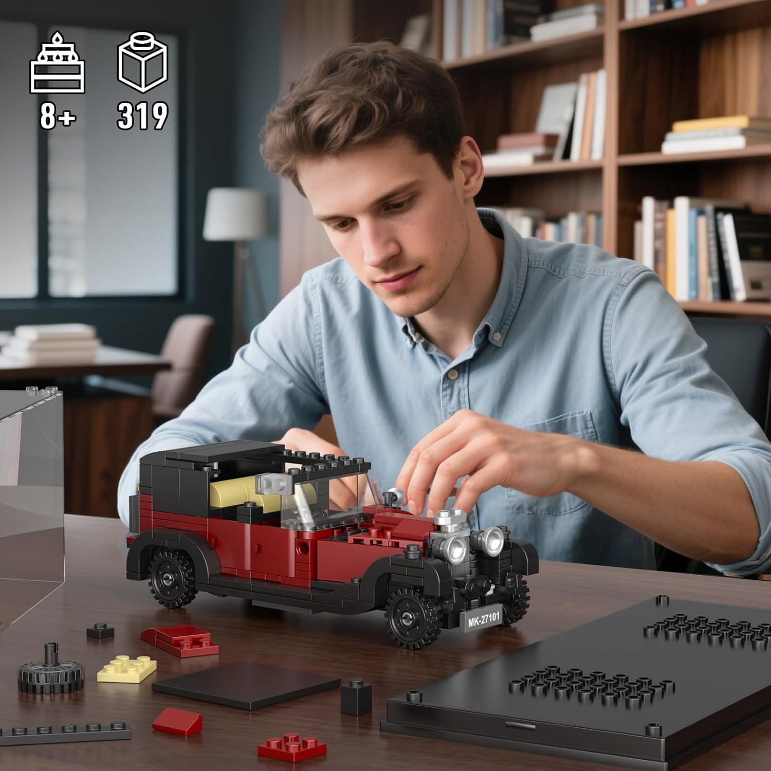 Vintage Car Building Sets, 319 Pcs MOC Racing Car Building Kit with Display Case, Collectible Vehicle Model Building Blocks Toy