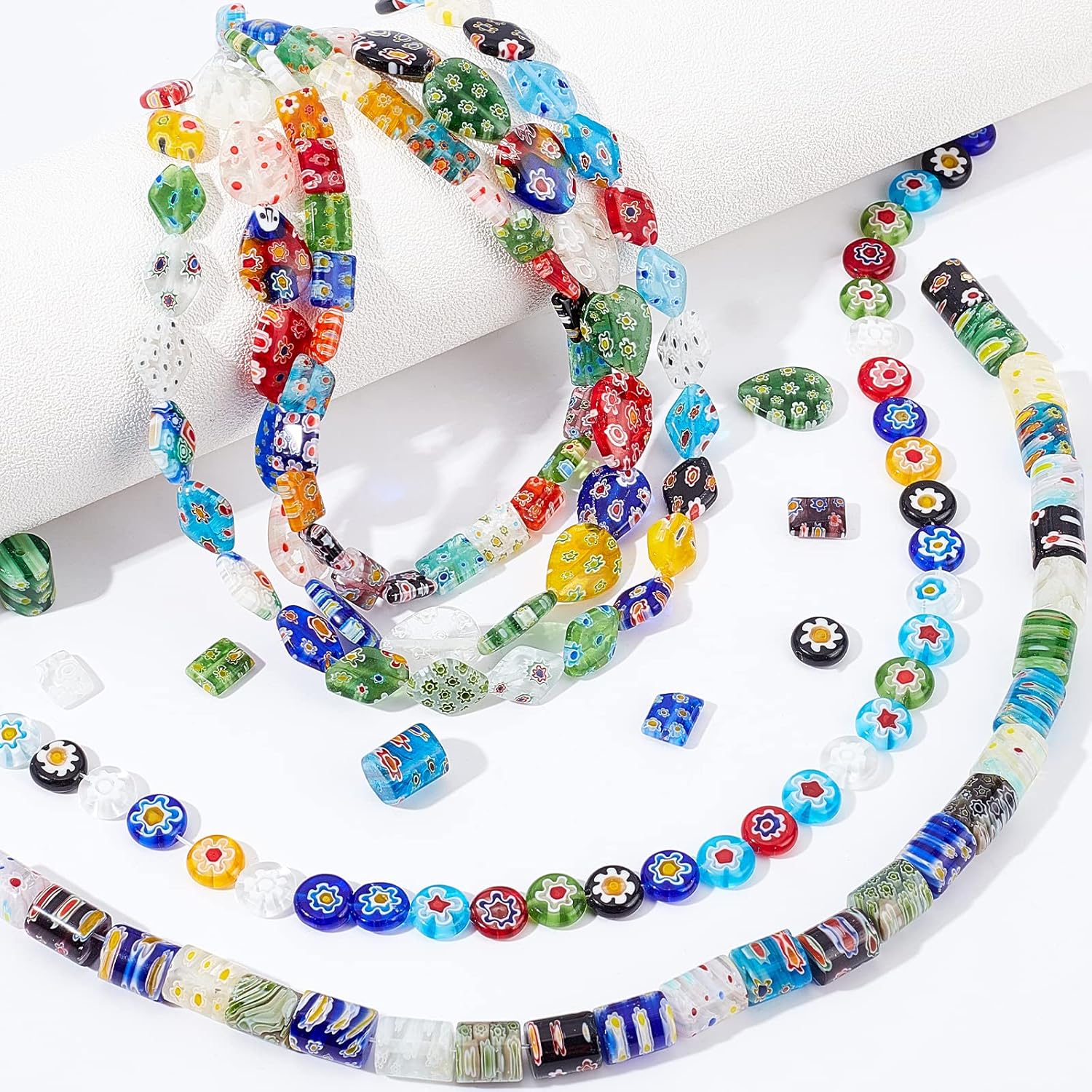 156Pcs Handmade Millefiori Glass Beads Strands Mixed Color Spacer Beads Millefiori Lampwork Glass Beads for Jewelry Making - 5 Styles DIY DIY