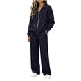thumbnail image 4 of Women 2 Piece Outfit Set Solid Color Zip up Collared Long Sleeve Top Elastic Waist Wide Leg Pants Loose Casual Tracksuit Loungewear Set with Pockets Dark Blue, 4 of 8