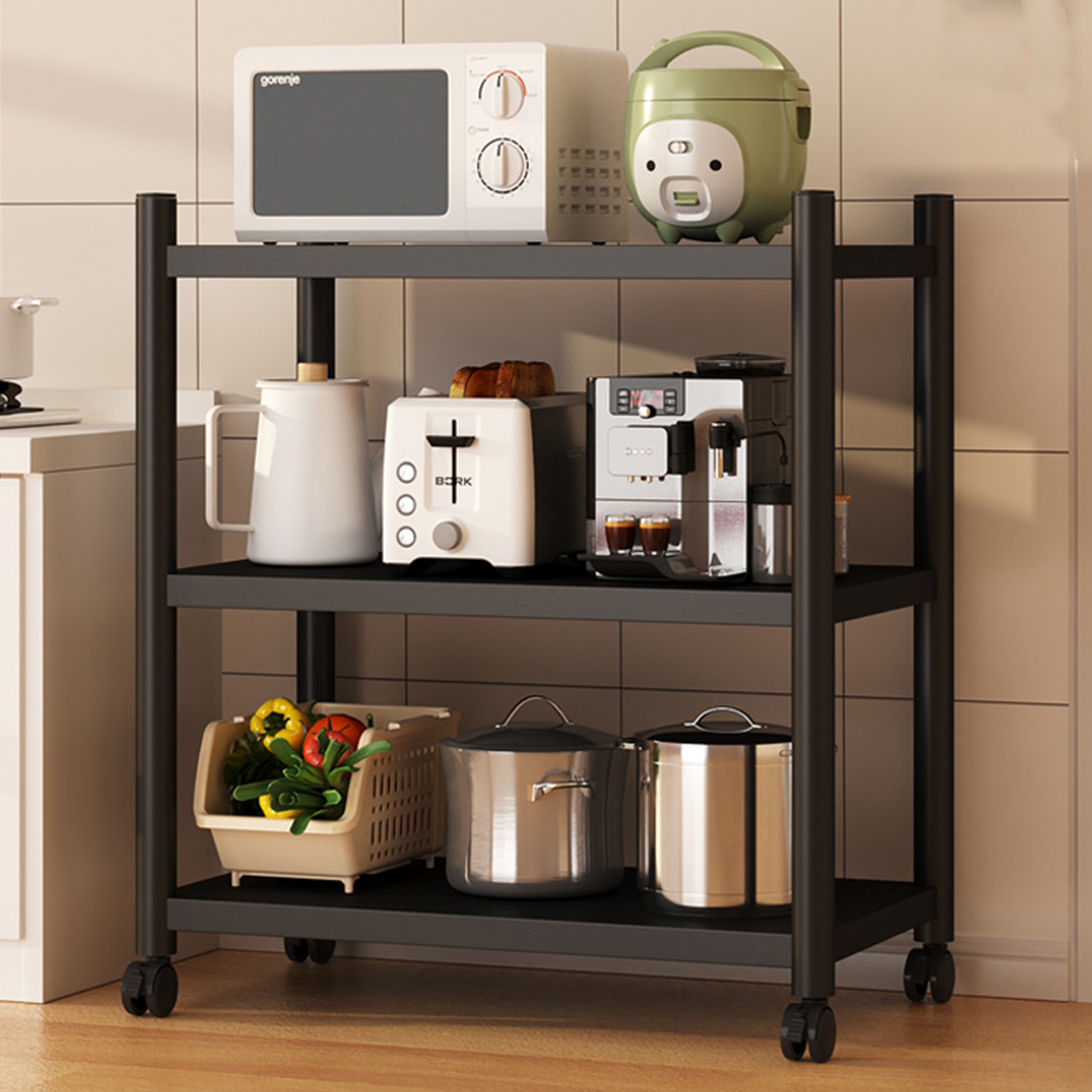 Hipuna Kitchen Baker's Rack 3-Tier Metal Storage Shelves, Heavy Duty Microwave Stand with Wheels