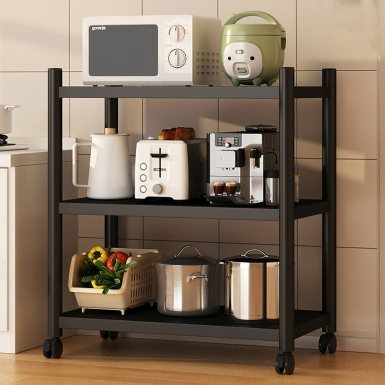 Kitchen Bakers Rack 3 Tier Shelving Unit Heavy Duty Metal Storage Shelves Microwave Stand Rack Storage with Wheels Modern Free Standing Living Room
