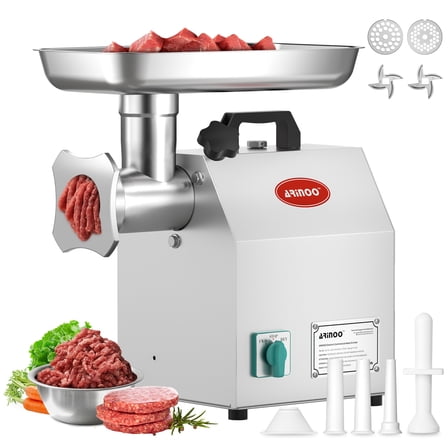 ARINOO Commercial Meat Grinder #12, 1.0HP Heavy Duty Industrial Stainless Steel Meat Mincer, Sausage Stuffer with 2 Blades, 2 Plates & 3 Sausage Tubes, Meat Grinder Machine for Home Use Butchering