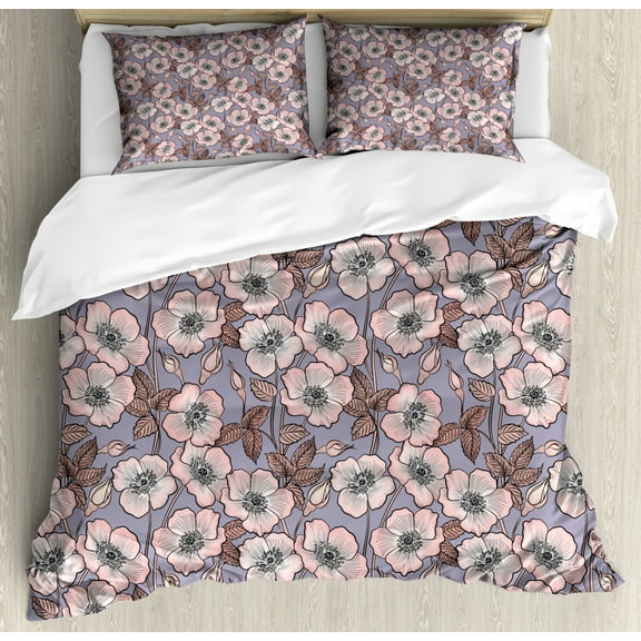 Vintage King Size Duvet Cover Set, Graceful Nature Theme Bedding Plant Poppies Buds with Artistic Look French Garden, Decorative 3 Piece Bedding Set with 2 Pillow Shams, Mauve Blush, by Ambesonne