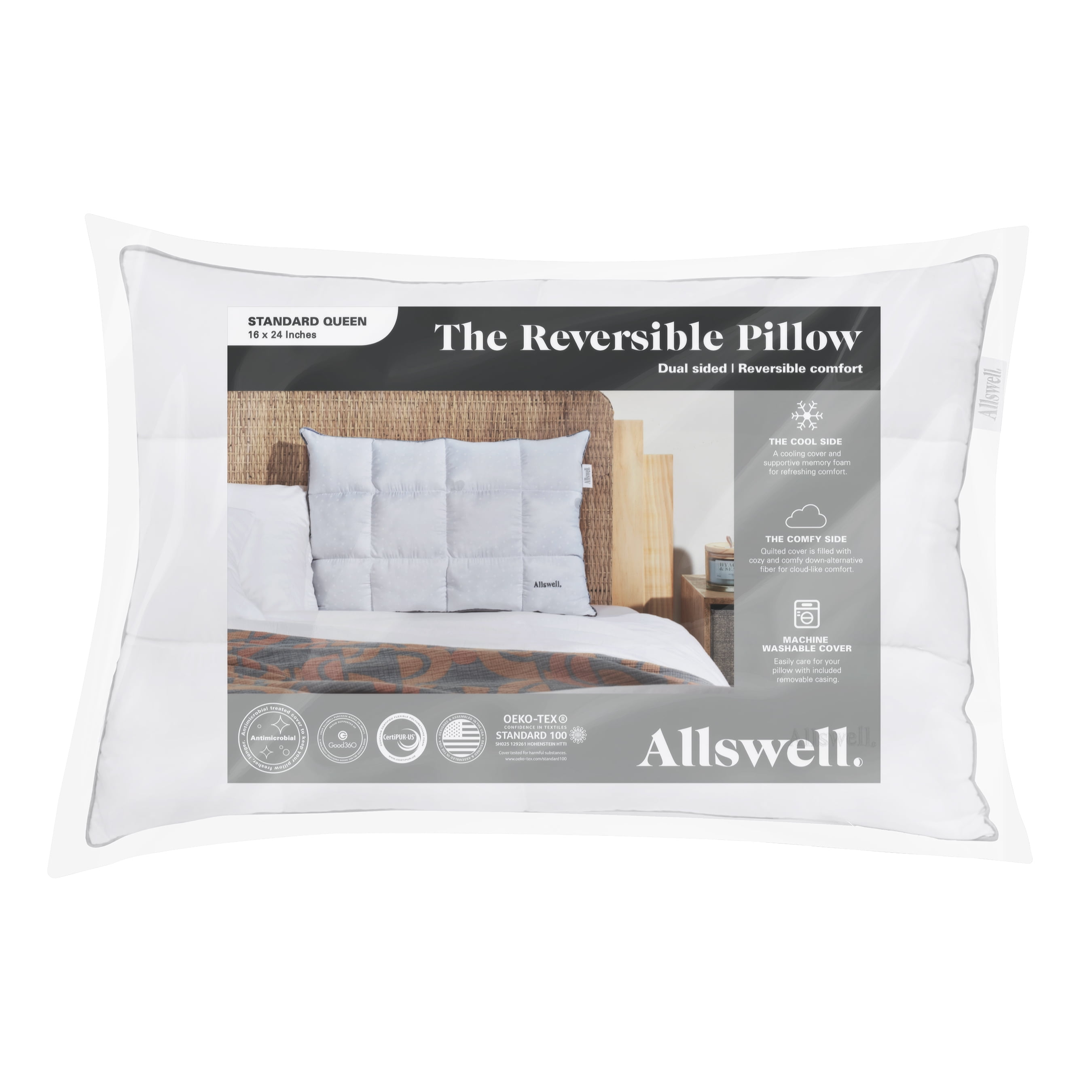 (4 pack) Allswell Reversible Memory Foam Pillow with Cooling & Plush Comfort Options