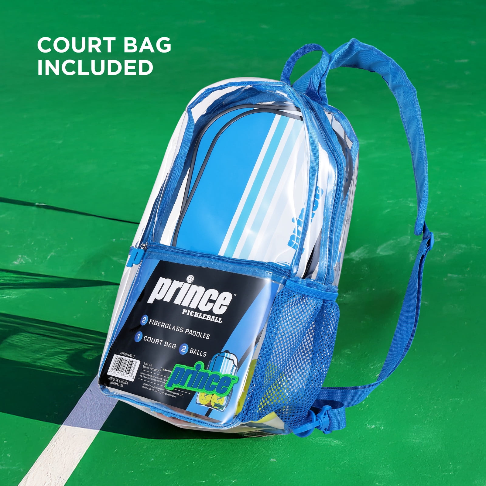 Prince Pickleball 5 Piece Fiberglass Paddle Set with Bonus Clear Backpack, Blue Includes 2 Paddles, 2 Outdoor Pickleballs & Carry Bag