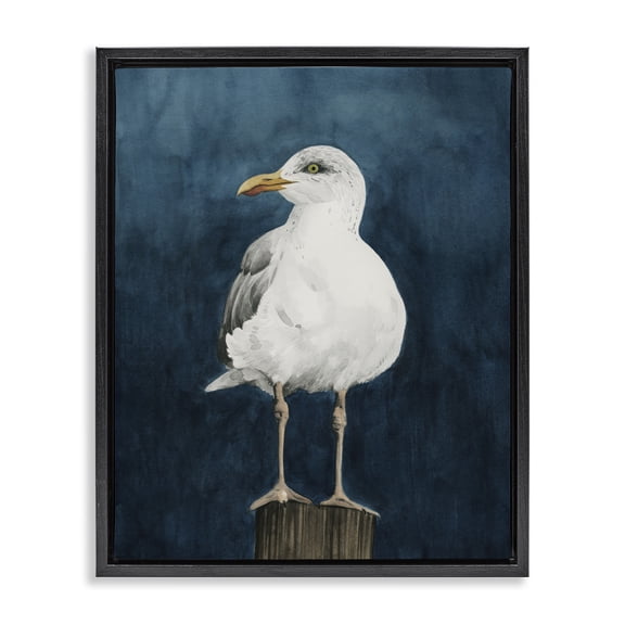 Stupell Industries Traditional Perched Coastal Bird Black Floating Frame Canvas Art, 17 x 21, by Grace Popp