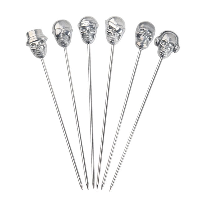EeaseMX 6 palillos de cóctel de acero inoxidable con forma de calavera, creativos, para frutas (plateados)