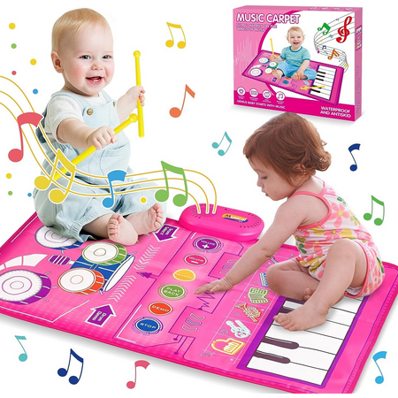 2 in 1 Musical Mat for Toddlers 1-3, Piano Keyboard & Drum Mat with 2 Drum Sticks, Musical Play Mat Toddler Toys Age 1-2, Baby Learning Toys for 1 Year Old Birthday Gifts for 1 2 3 Year Old Girls