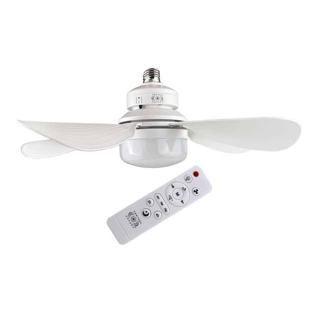 ventilador de techo con foco led control expert ahorro de energía y confort, vista frontal centrada de ventilador blanco con tres aspas curvadas y cuerpo compacto; foco LED integrado con difusor opal y casquillo visible; control remoto blanco con botones para tres velocidades, temporizador de 1–2 horas y regulación de luminosidad; sobre fondo blanco. A menudo usado también como iluminación principal en recámaras u oficinas por su foco regulable.