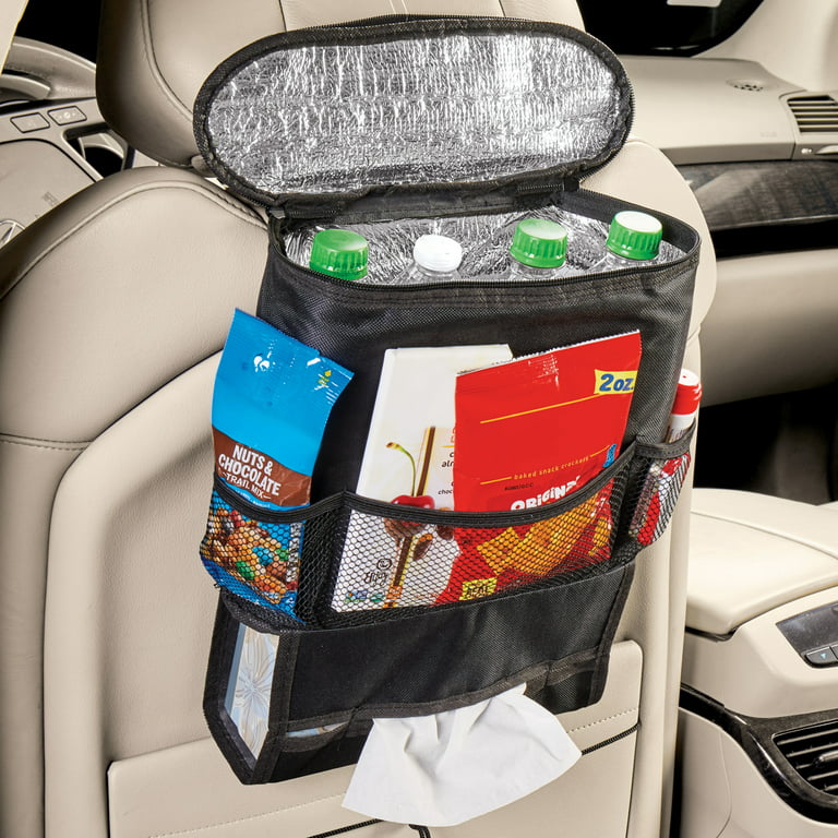 Collections Etc Hanging Back Seat Car Organizer, Storage, and Cooler Bag -  Features an Insulated Compartment, 3 Mesh Pockets, Built-in Bottom Tissue  Dispenser, Adjustable Top Strap 