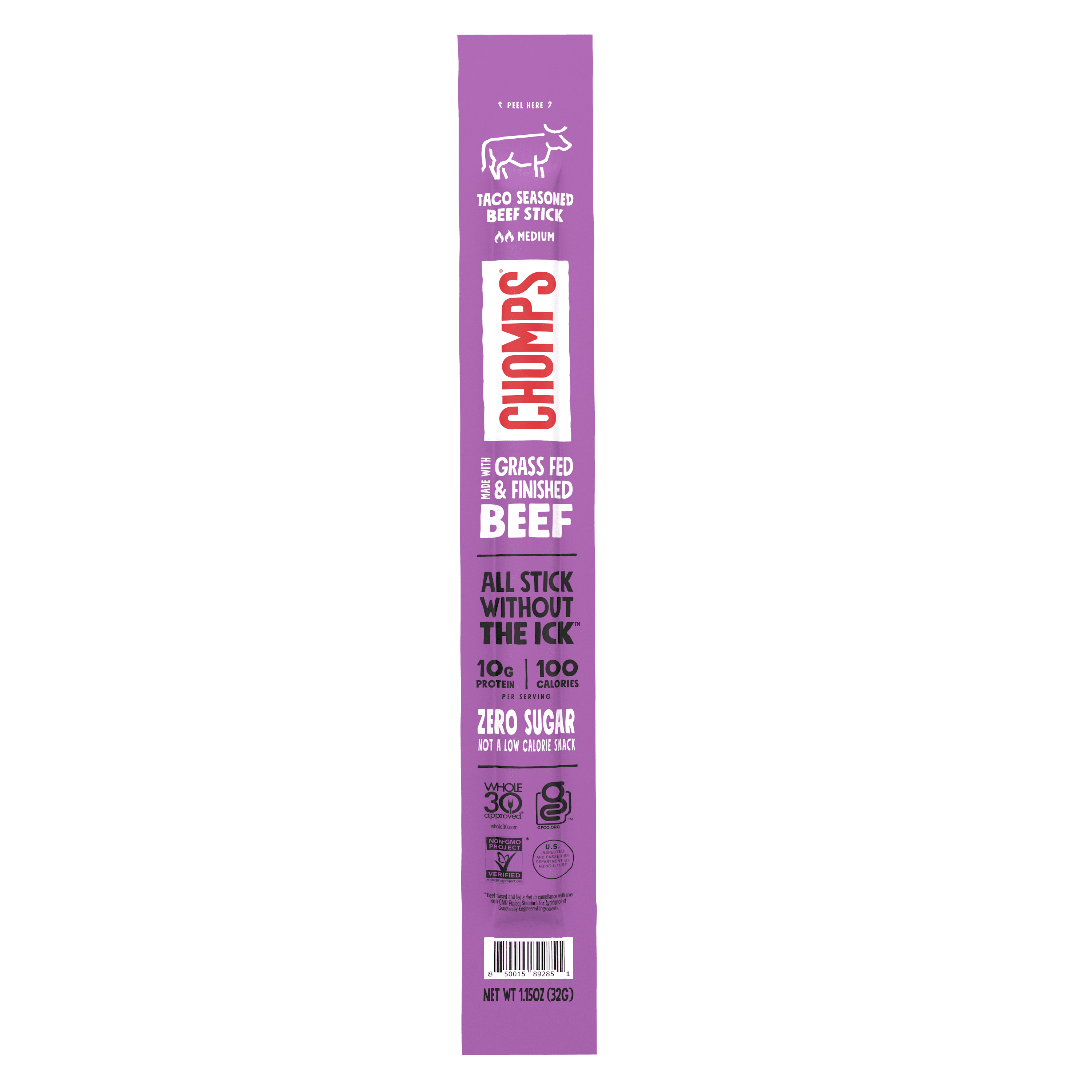 Chomps Grass-Fed And Finished Taco Beef Jerky Snacks Sticks, 10g of Protein
