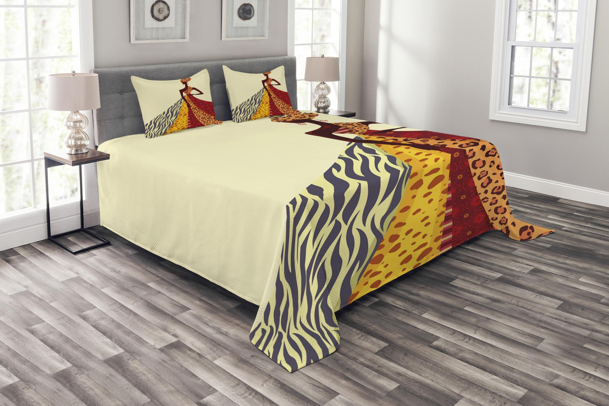 Modern Bedspread Set King Size, African Girl Posing with a Dress of