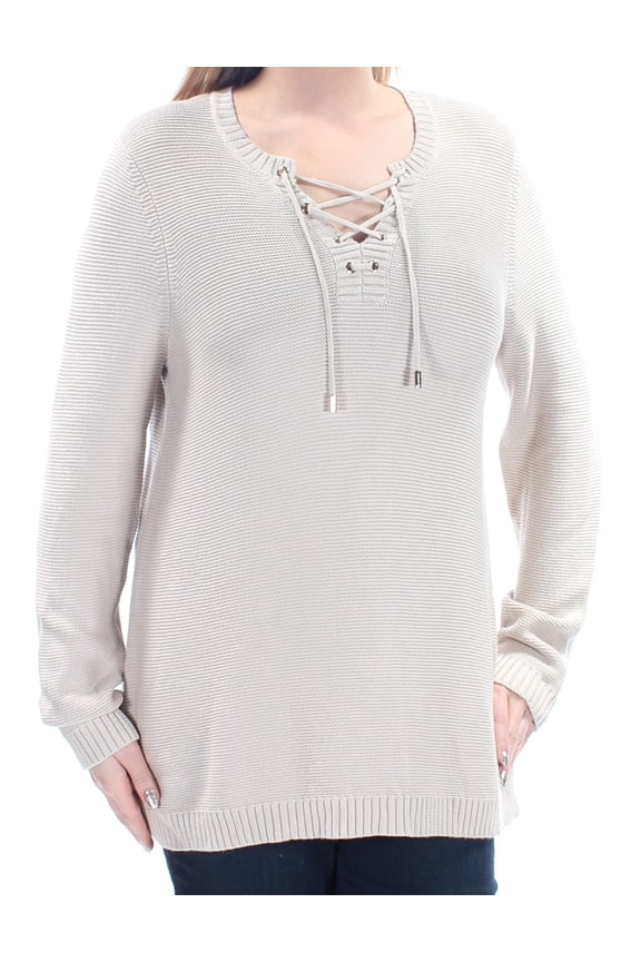 $52 Womens New 1277 Beige Eyelet Tie V Neck Sweater L B+B