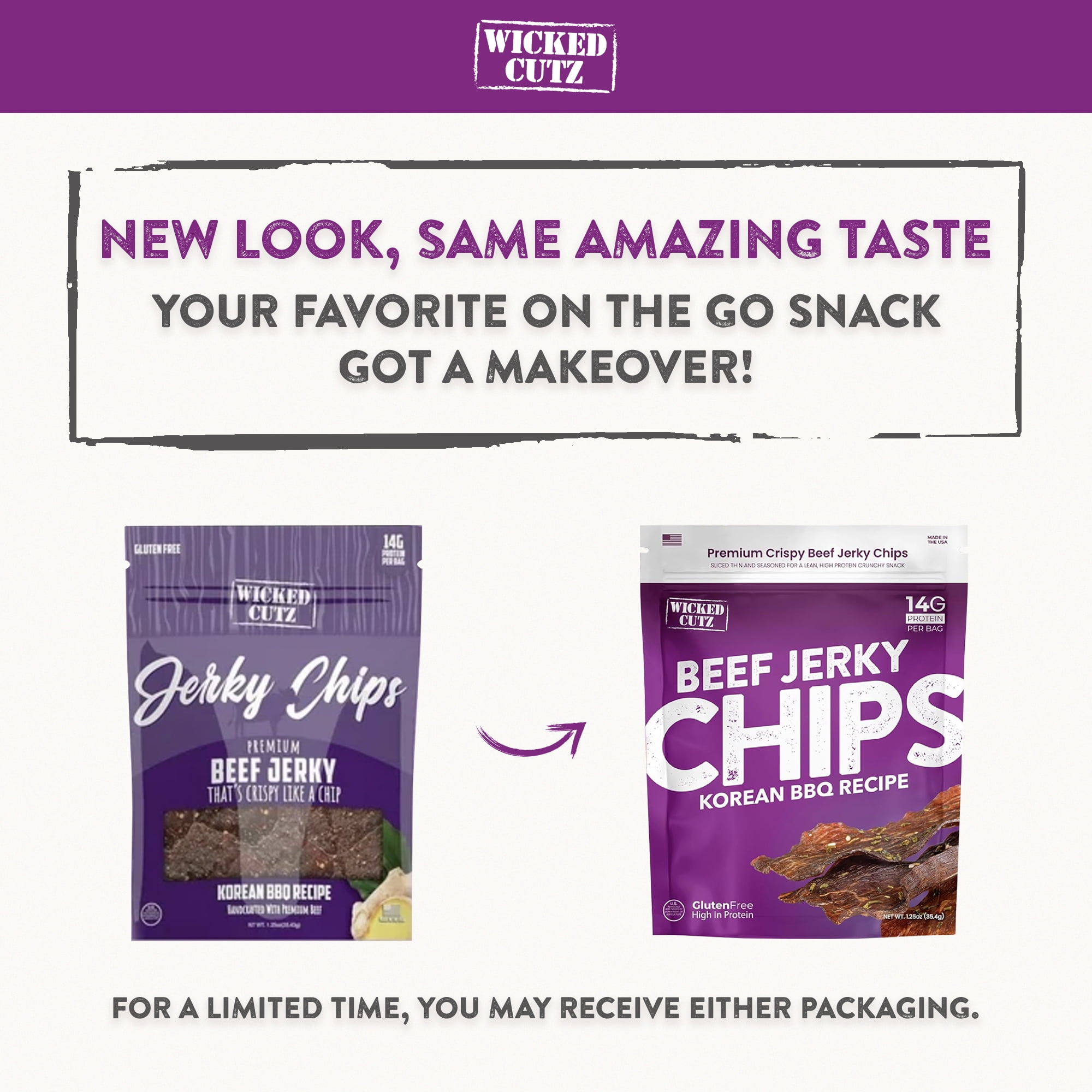 Wicked Cutz Premium Beef Jerky Crispy Chips, Korean BBQ Recipe, 28g Protein, 1.25 oz, 2-Pack