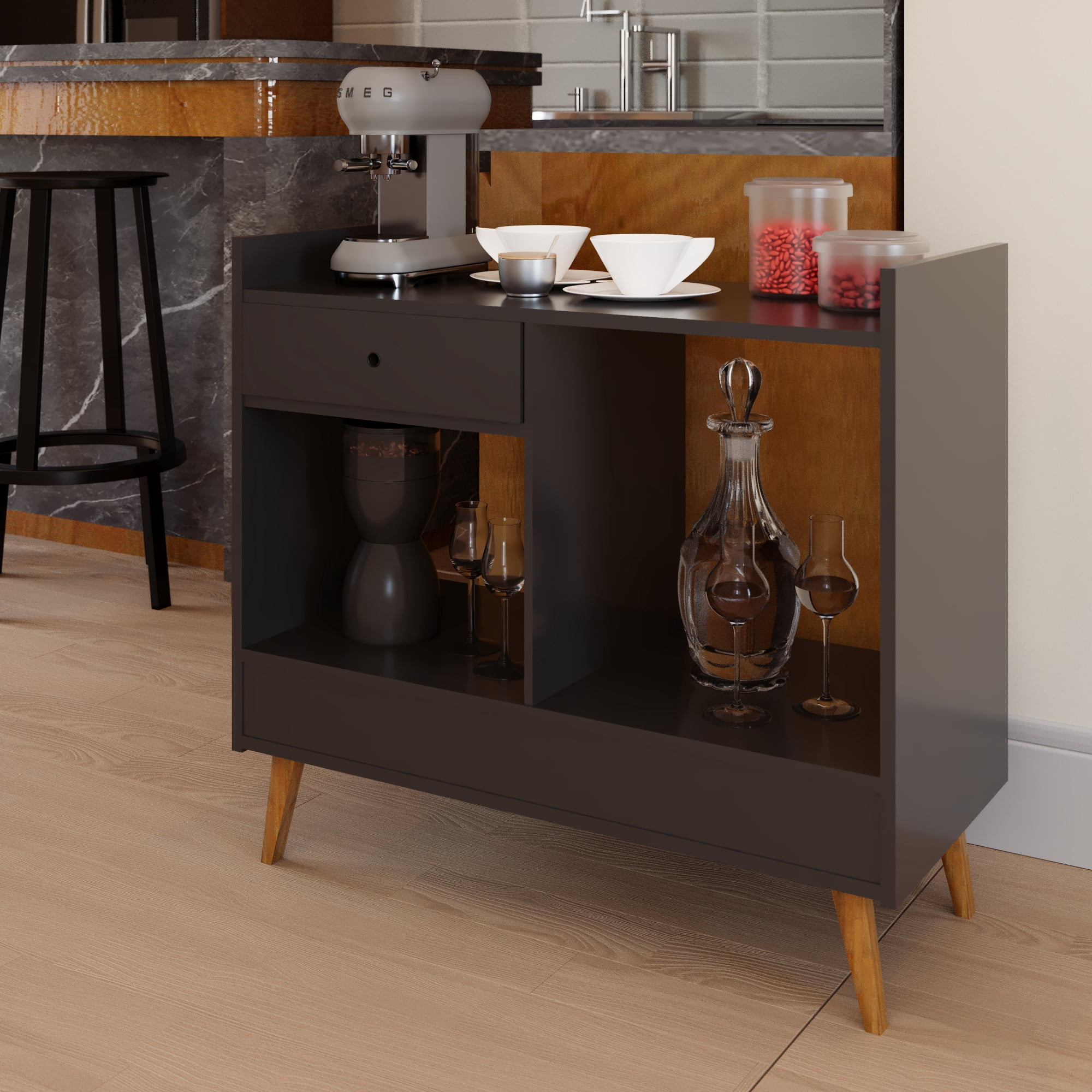Ember Interiors Oxford Black Modern Bar Cabinet with Wine Storage, Drawer & Open Shelves – Compact Design for Living Room or Kitchen