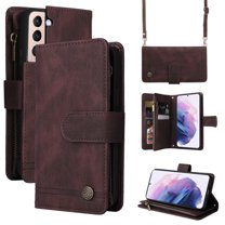 Feishell for Samsung Galaxy S21 FE 5G 6.4 inch Zipper Wallet Case with Wrist Strap & Shoulder Strap,Premium PU Leather Magnetic Clasp Flip Holder Card Slots Crossbody Phone Case for Women Men,Brown