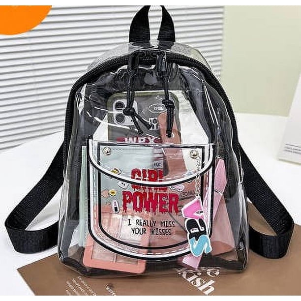 Bolsa de mujer de PVC, mochila transparente, tela de plástico, mochila trasera, bolso de estudiante de colores de caramelo, gran capacidad, gran capacidad, bolso de hombro doble transparente negro de