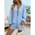 thumbnail image 5 of Women'S 2 Piece Outfits Set Long Sleeve Tie Front Top Short Set Casual Tracksuit Pajama Sets Blue L, 5 of 8