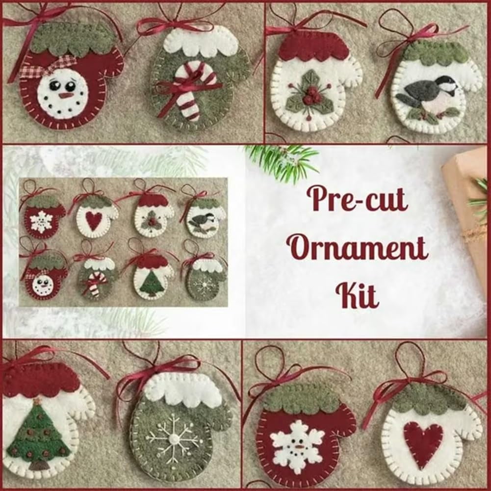 Pre-Cut Wool Blend Felt Holiday Hearts Ornament Kit, Christmas Craft Fabric Sewing Kits, Handmade Felt Decoration, DIY Crafting Supplies for Xmas Party（Material Kit, DIY Assembly Required）(4 set)