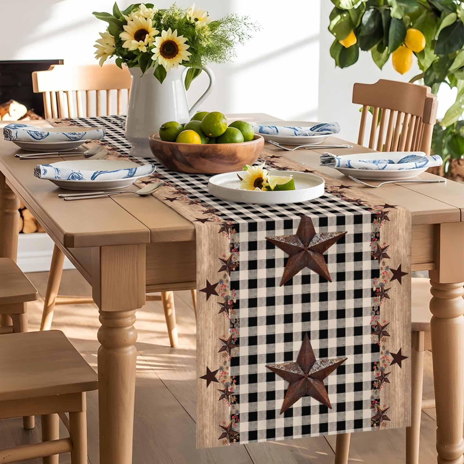 Independence Day Western Star on Wood Table Runner 90 Inches Long, Black Plaid Table Runners Tabletop Scarf Kitchen Dining Tables Decoration for Home Party Indoor Outdoor