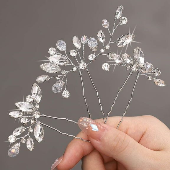 Crystal Bride Wedding Hair Pins Rhinestones Bridal Head Pieces Leaf Hair Accessories for Women and Girls (Pack of 3)