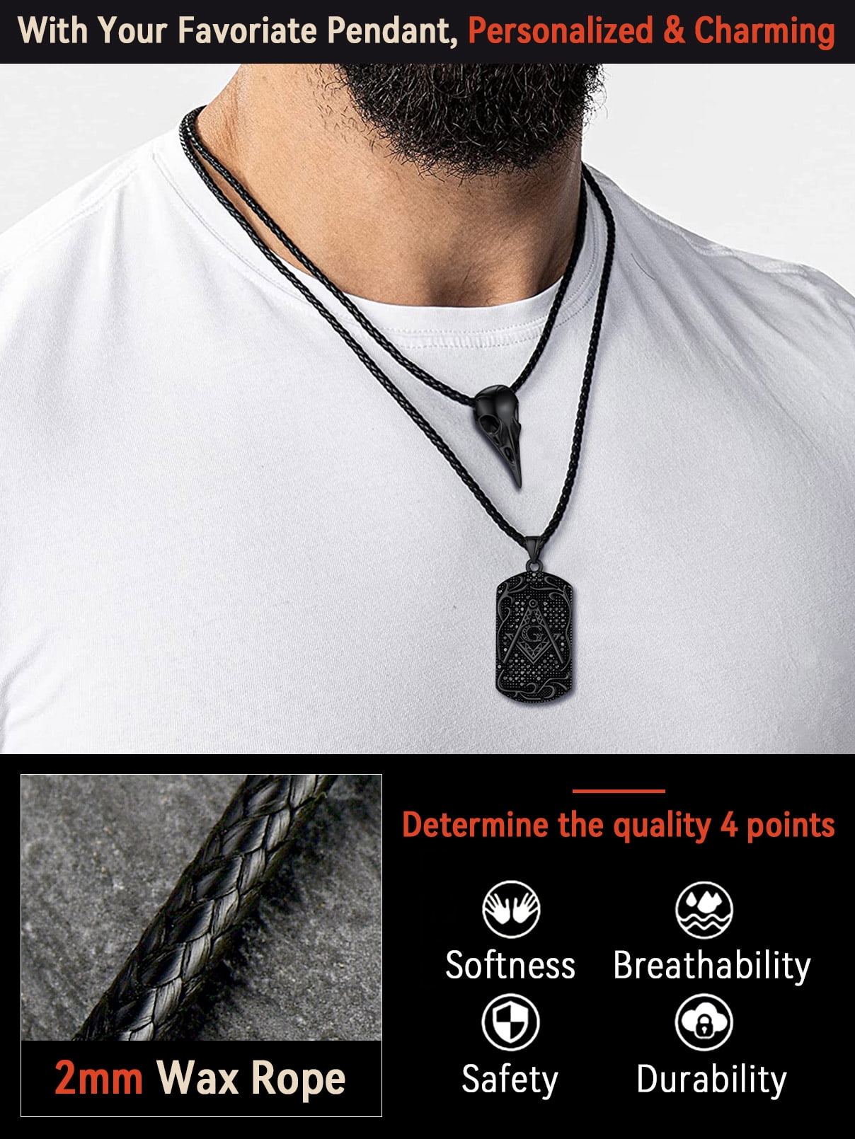 FaithHeart Braided Leather Cord Necklace for Men Women Stainless Steel Snap Clasp, 2MM Waterproof Black Woven Wax Rope Chain for Pendant Jewelry Gift for Son Graduation