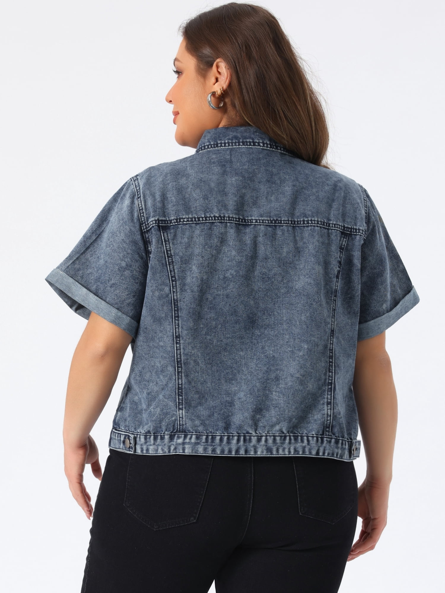 DARING DIVA Women's Plus Size Short Sleeve Lapel Button Denim Jacket 3X Grey Blue