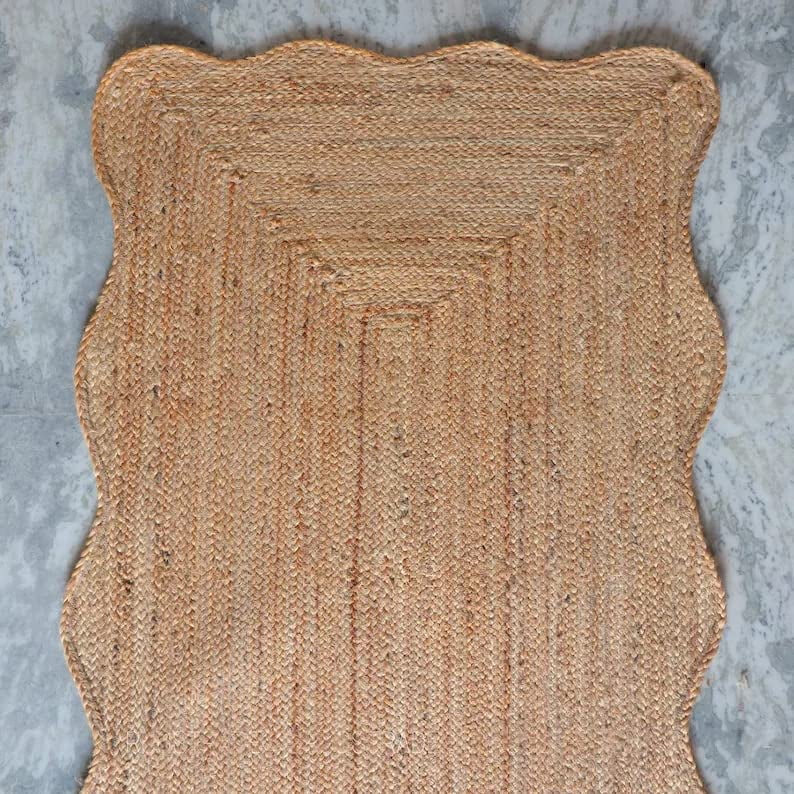 KLAVATE Natural Jute Wave Edge Hand Braided Scalloped Farmhouse Jute Runner Rug