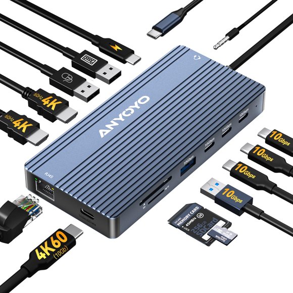 ANYOYO USB C Docking Station Dual HDMI 4K60HZ, 14-in-1 Docking Station 3 Monitor(2 HDMI+USB C Video Out),10Gbps(3A+C),PD100W,1G Ethernet, Laptop Docking Station for Dell,HP, Lenovo
