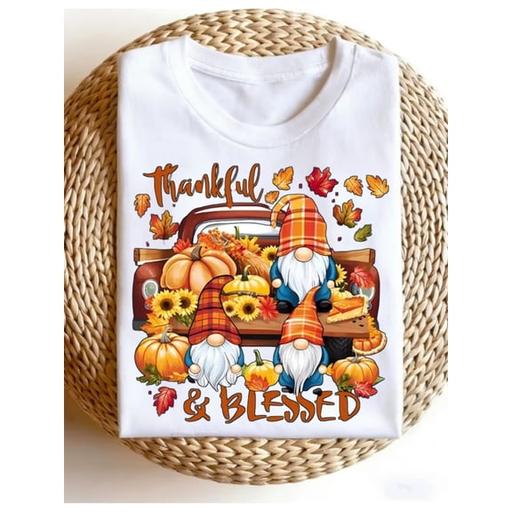 Women's Thankful & Blessed Gnome Fall Graphic T‑Shirt, Vintage Truck Pumpkin Sunflower Maple Leaf Thanksgiving Short‑Sleeve Crew‑Neck Casual Autumn Holiday Tee