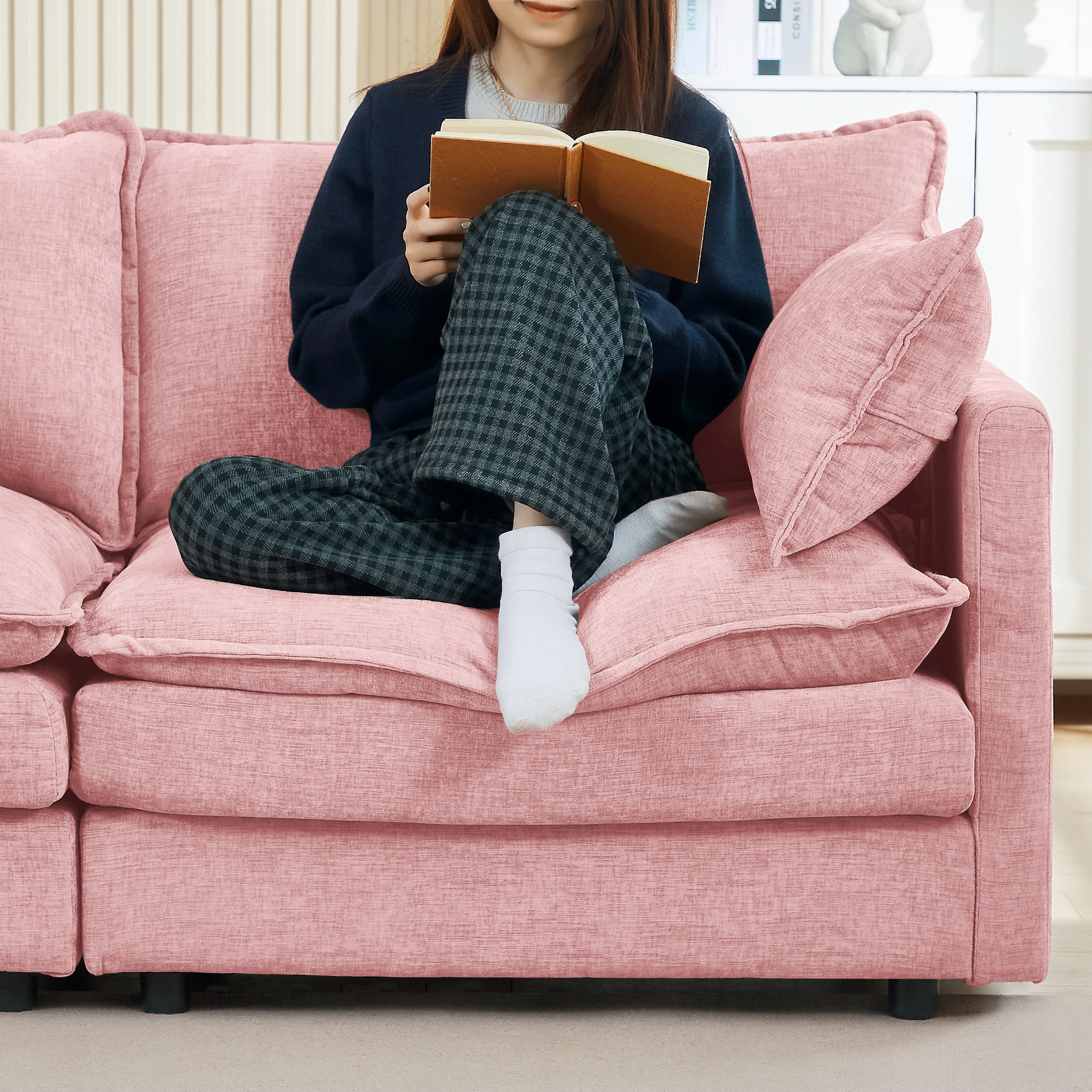 Muumblus Sectional Cloud Couch with Reversible Ottoman, L-Shaped Chenille Sofa for Living Room, Pink