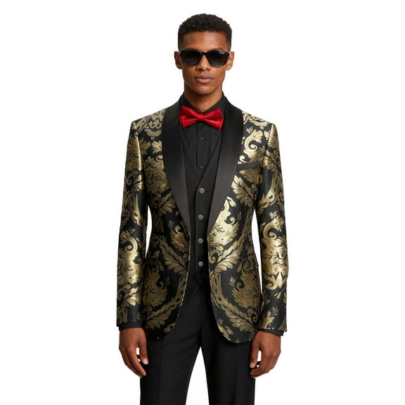 Men's 3 Piece Slim Fit Tuxedo - Shawl Lapel Printed Vest Pants Blazer for Prom Party Business Banquet