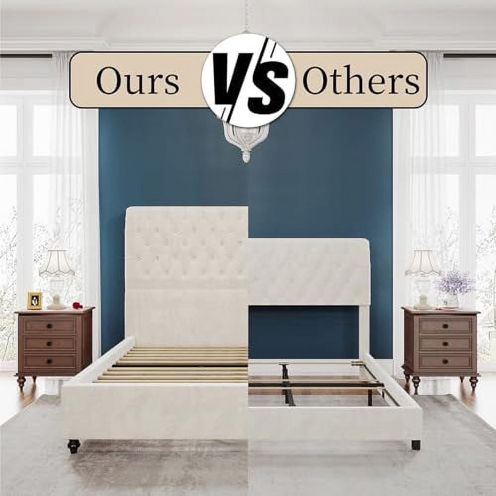 VanAcc 52.8" High Upholstered Bed Frame Queen Size Platform Sleigh Bed with Deep Button Tufted Headboard/Easy Assembly/Cream