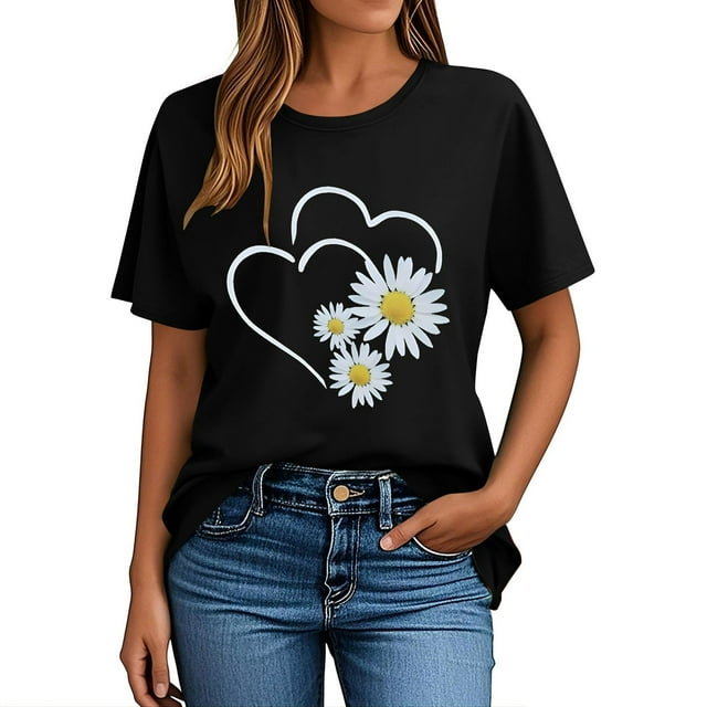 Pisexur Hauts pour Femmes T-Shirt Graphique de la Saint-Valentin - Col Rond Manches Courtes Imprimé Noir,P