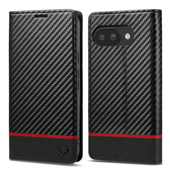 Allytech Wallet Case for Google Pixel 9A, Carbon Fiber PU Leather Soft TPU Luxury Cover with Kickstand & Card Slots, Magnetic Closure Shockproof Anti-Fall Protective Case, Black Horizontal Line