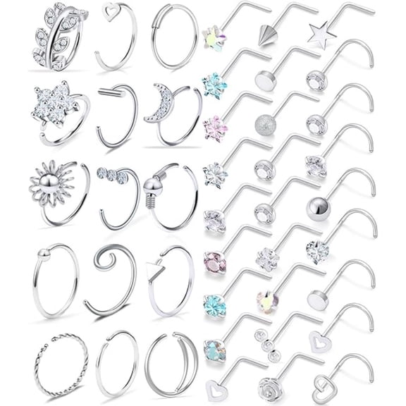 42 Pcs Hypoallergenic Nose Rings & Studs, 316L Surgical Steel CZ Piercing Jewelry Set With Storage Box, Assorted Styles for Men Women, Perfect Gift for Christmas Birthday