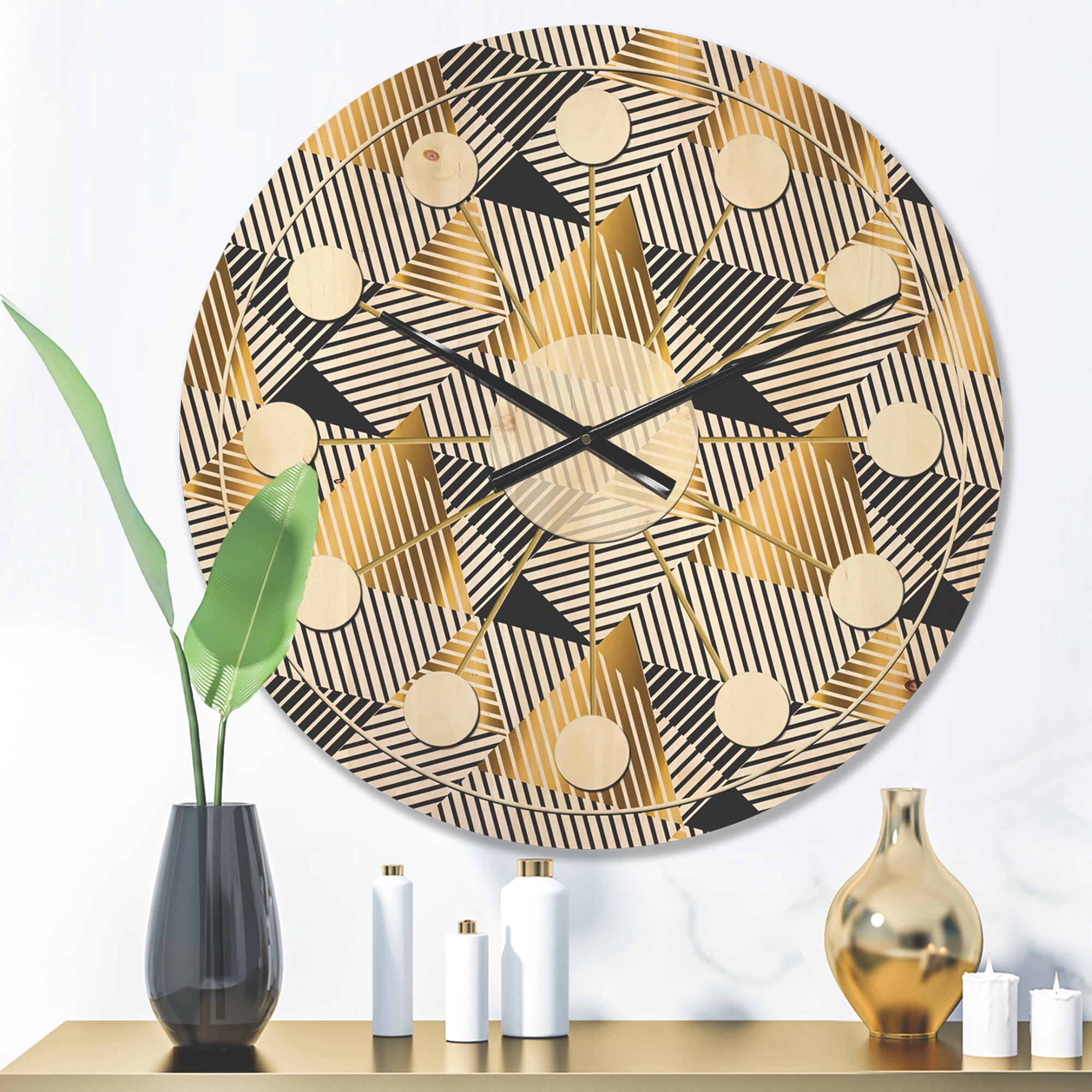 Designart 'Retro Luxury Waves In Blue and Gold VI' Mid-Century Modern Wood Wall Clock